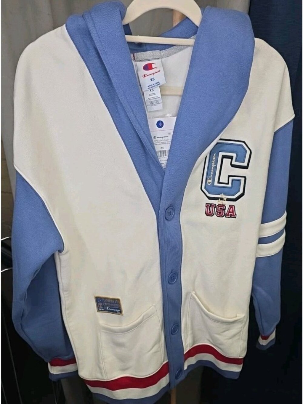 Champion USA Gold Medal Cardigan Hoodie Womens XS Varsity Cream Blue. Wl449